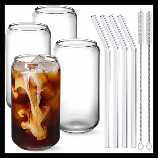 Drinking Glasses with Glass Straw 4Pcs Set - 16Oz Can Shaped Glass Cups, Beer Glasses, Iced Coffee Glasses, Cute Tumbler Cup, Ideal for Whiskey, Soda, Tea, Water, Gift - 2 Cleaning Brushes