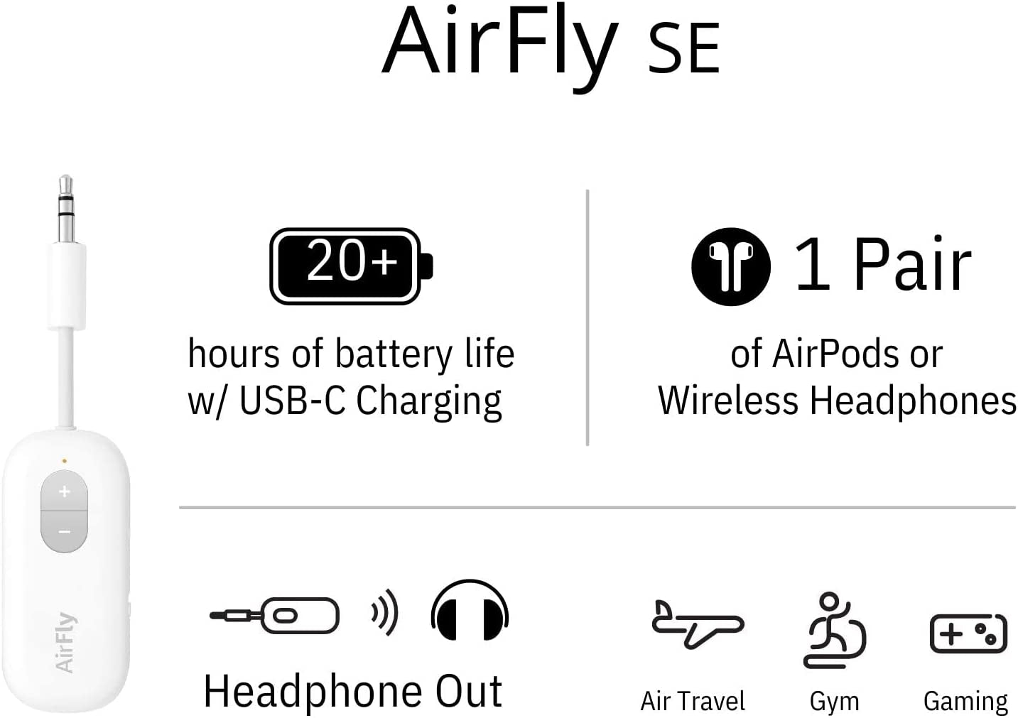 Airfly SE, Bluetooth Wireless Audio Transmitter for Airpods/Wireless or Noise-Cancelling Headphones Use with Any 3.5 Mm Audio Jack on Airplanes, Gym Equipment or Ipad/Tablets