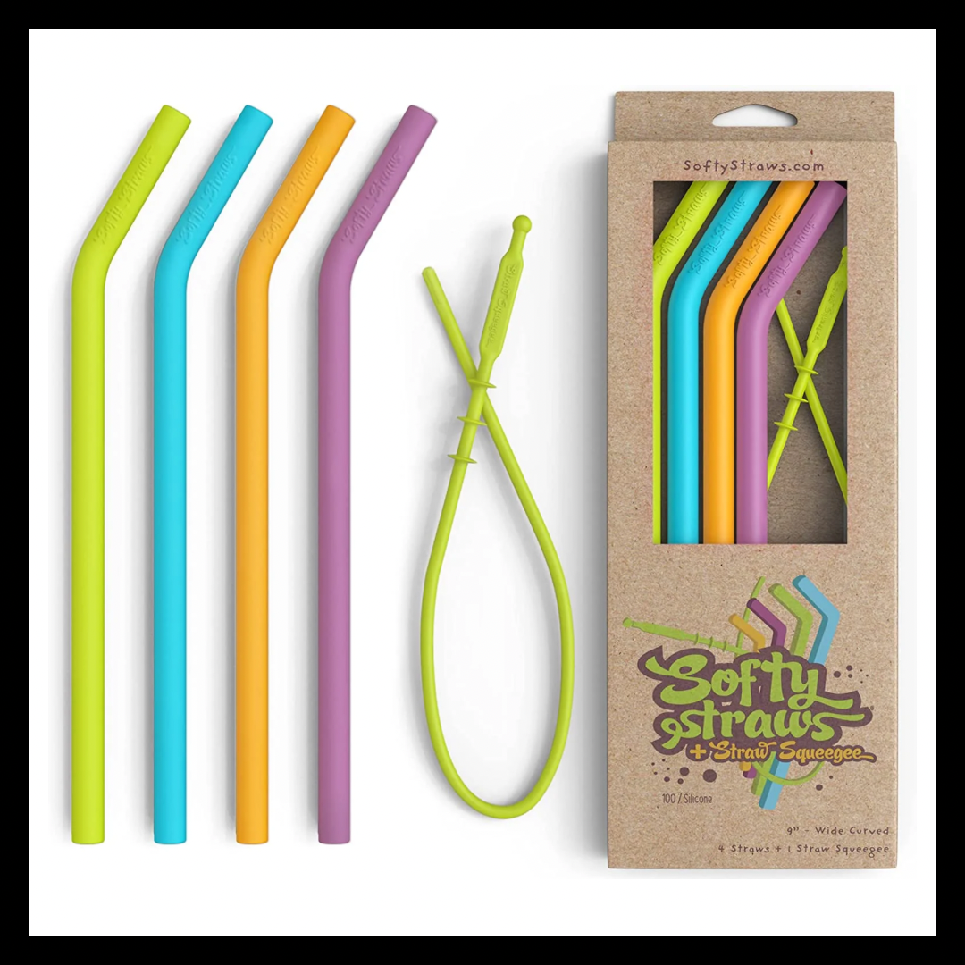 Wide Premium Reusable Silicone Drinking Straws + Patented Straw Squeegee - 9” Long with Curved Bend for 20/30/32Oz Tumblers BPA Free Non Rubber, Flexible, Safe for Kids/Toddlers