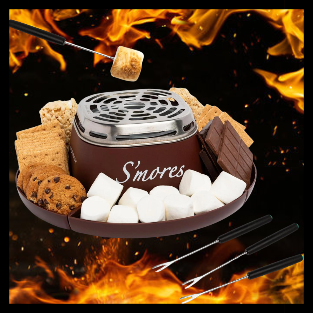Nostalgia Tabletop Indoor Electric S'Mores Maker - Smores Kit with Marshmallow Roasting Sticks and 4 Trays for Graham Crackers, Chocolate, and Marshmallows - Movie Night Supplies - Brown