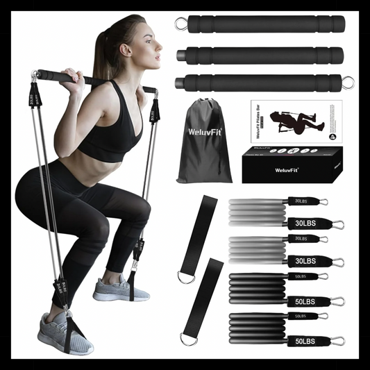 Pilates Bar Kit with Resistance Bands,  Exercise Fitness Equipment for Women & Men, Home Gym Workouts Stainless Steel Stick Squat Yoga Pilates Flexbands Kit for Full Body Shaping