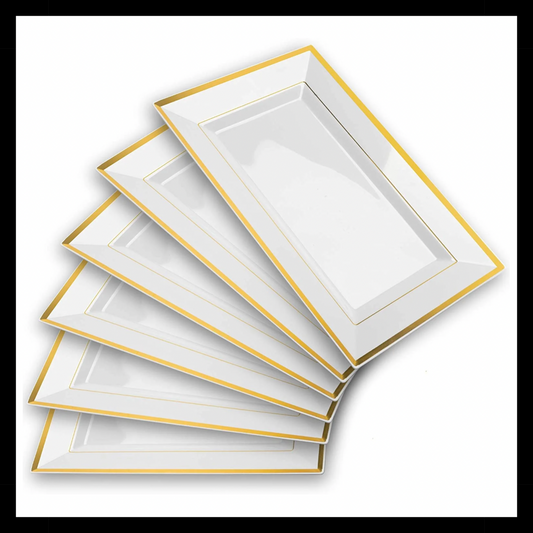 Elegant Gold Rim Plastic Serving Tray & Platter Set (6Pk)