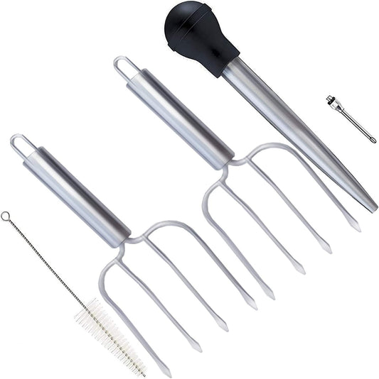 Stainless Steel Turkey Baster and Poultry Lifters Fork Set of 2. Food Grade Stainless Steel and Bpa-Free Silicone. Dishwasher-Safe