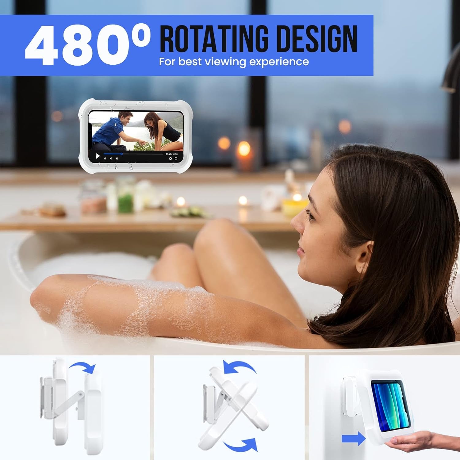 Upgraded 480° Rotating Shower Phone Holder Waterproof Phone Shower Holder Wall Mount Bathroom TV Shower Gadget Shower Accessory Phone Mount Iphone (Pure White)