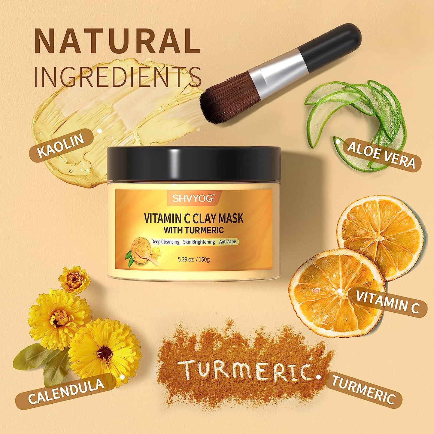 Turmeric Vitamin C Clay Mask, Facial Mask with Kaolin Clay and Turmeric for Dark Spots, Skin Care for Controlling Oil and Refining Pores 5.29 Oz