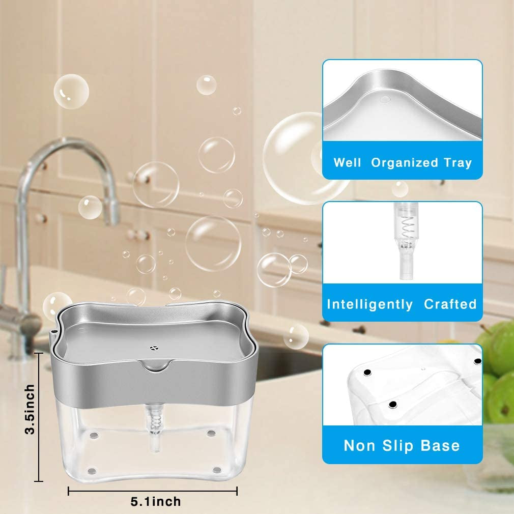 Soap Dispenser,Dish Soap Dispenser for Kitchen,Sponge Holder Sink Dish Washing Soap Dispenser 13 Ounces (Silver)
