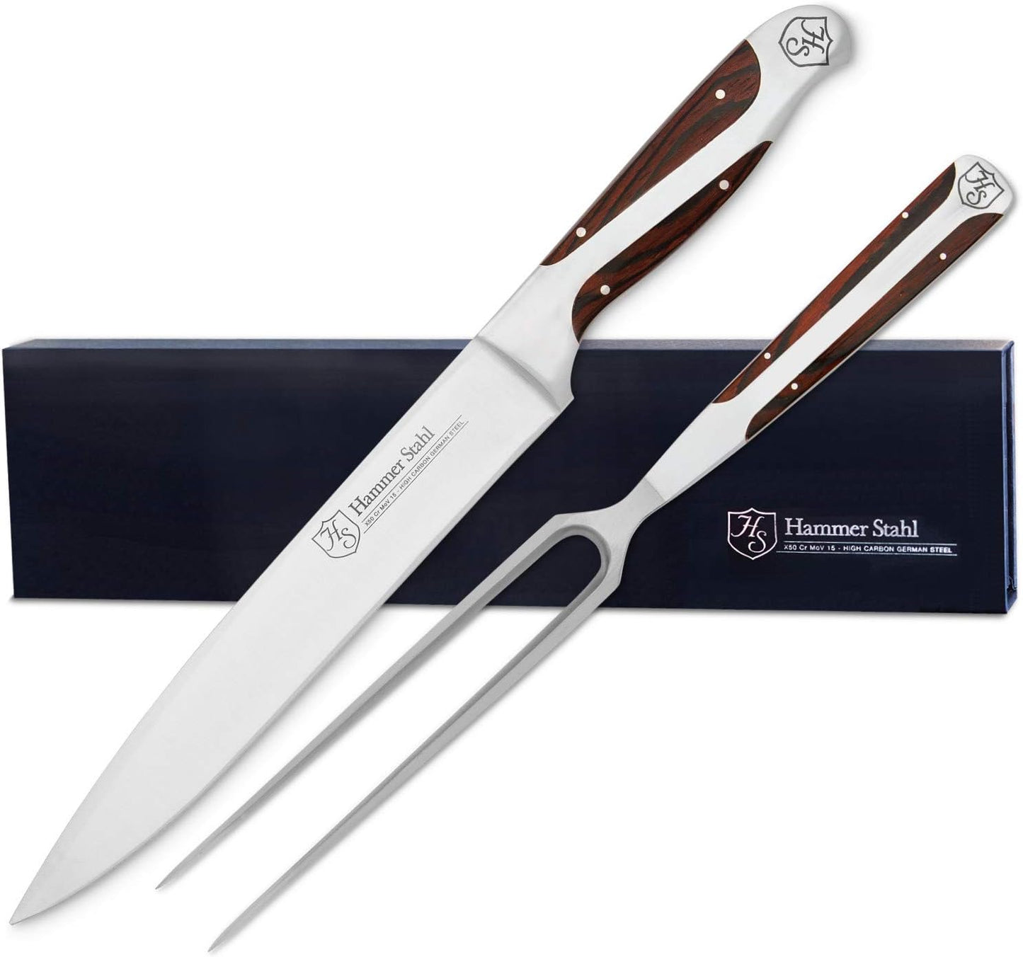 Carving Knife and Fork Set | German Forged High Carbon Stainless Steel Carving Set | Professional Carving Knife for Meat, Turkey & Brisket | Ergonomic Quad-Tang Pakkawood Handle