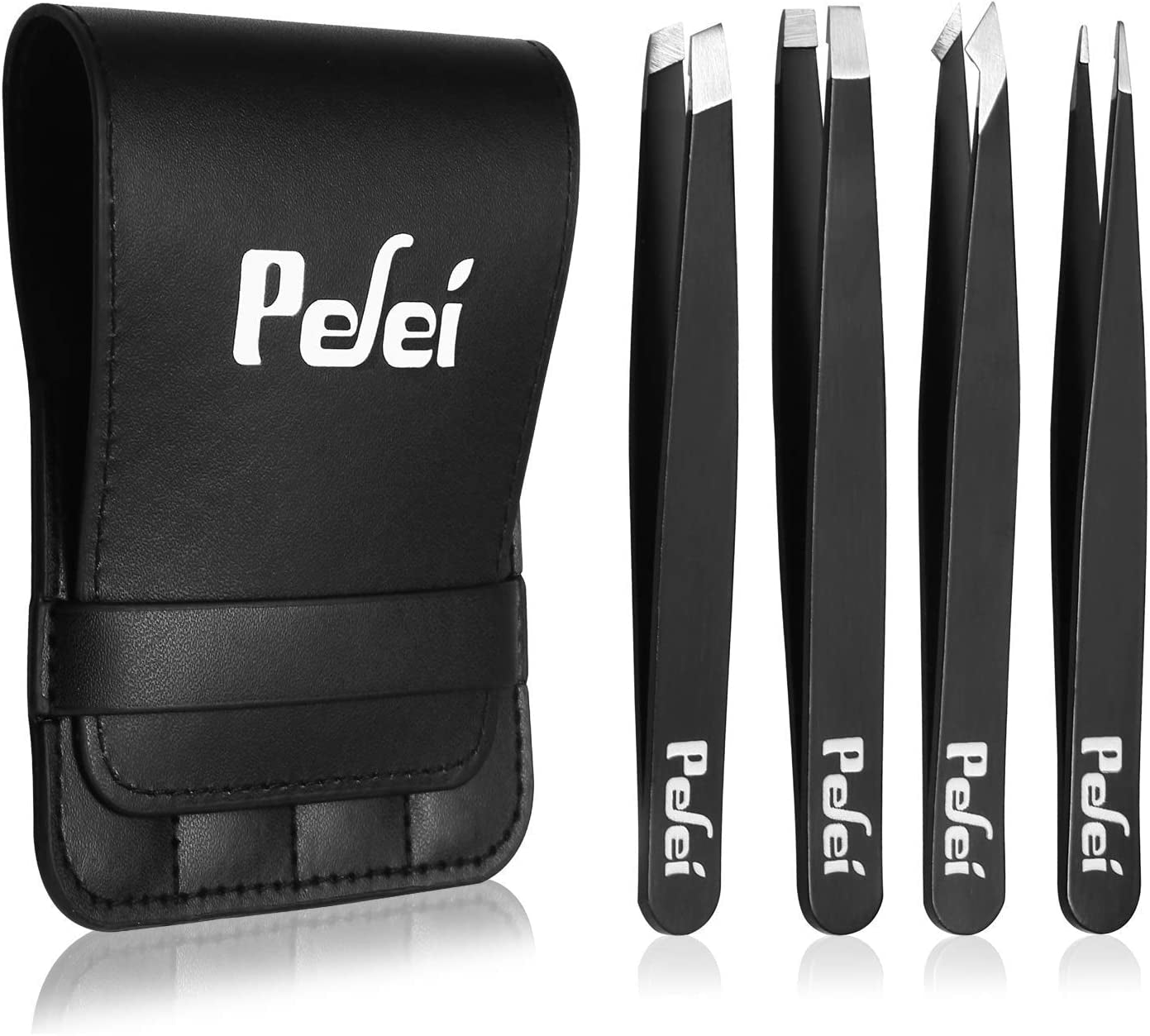 Tweezers Set - Professional Stainless Steel Tweezers for Eyebrows - Great Precision for Facial Hair, Splinter and Ingrown Hair Removal (Black)