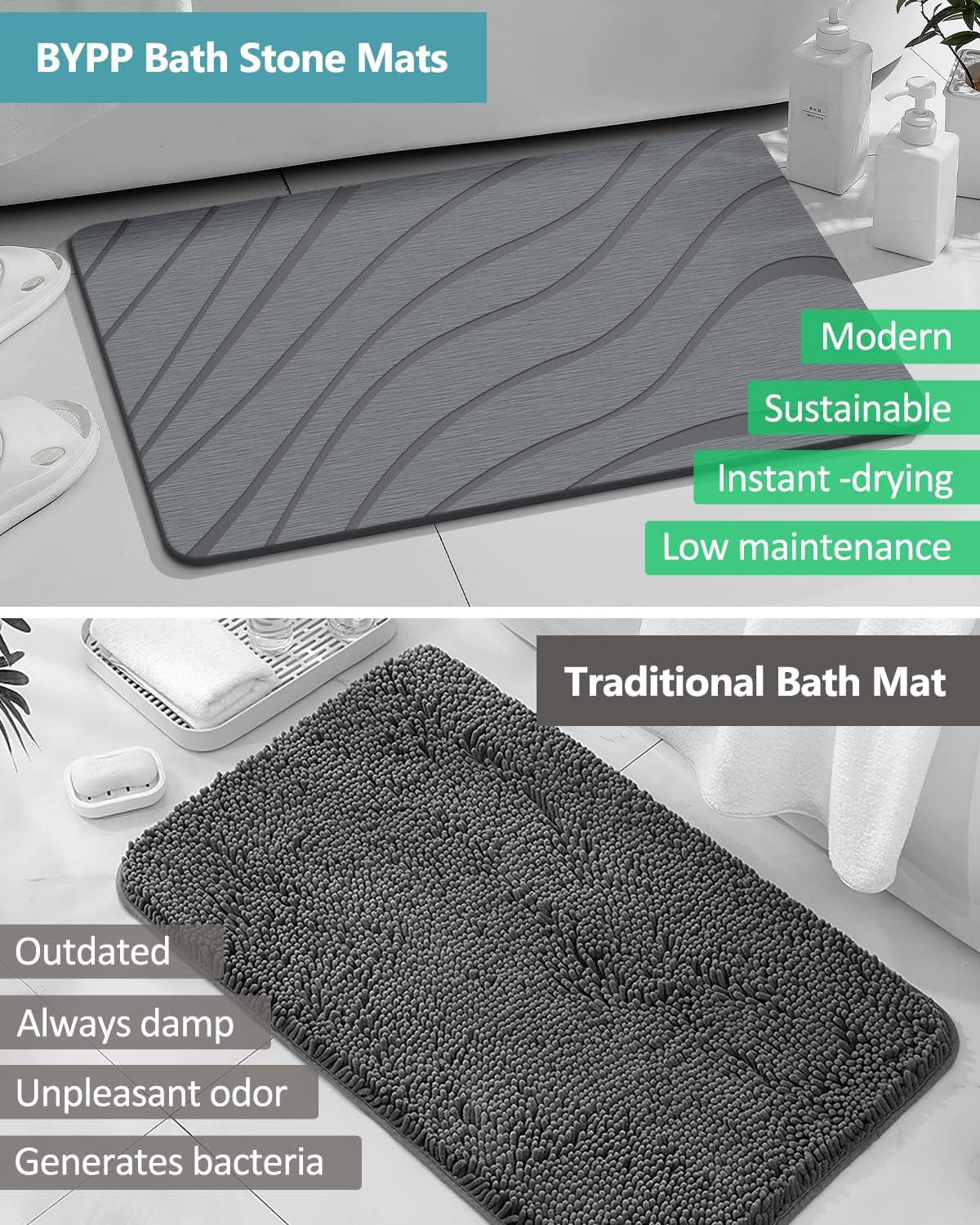 Stone Bath Mat ,Diatomaceous Earth Shower Mat Nonslip Super Absorbent Quick Drying Bathroom Floor Mat for Kitchen Counter , Natural Bathroom Mat Stone Easy to Clean (23.7 X 15 .5Inch)