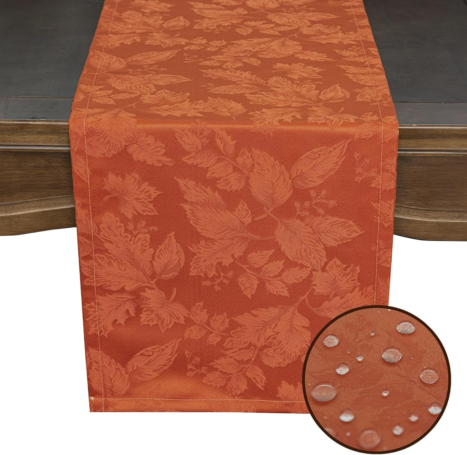 Joyfol Day Jacquard Autumn Table Runner,Fall Countryside Leaves Thanksgiving Table Runners,Waterproof Kitchen Dining Harvest Holiday Tabletop Decoration(14X36 Inch,Rust/Burnt Orange)