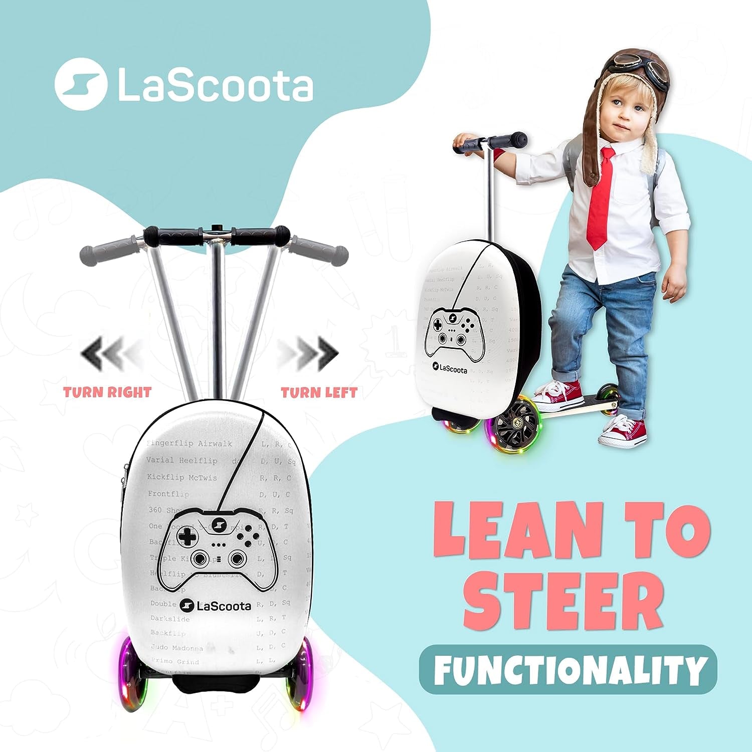 Scooter Suitcase, Foldable Scooter Luggage for Kids - Lightweight Kids Ride on Luggage Scooter with Wheels, LED Lights - Videogame Graphic Suitcase Scooter, Ride on Suitcase for Kids Ages 2-5