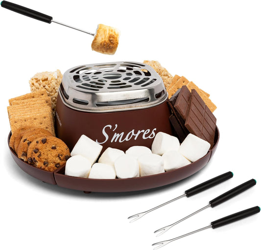 Nostalgia Tabletop Indoor Electric S'Mores Maker - Smores Kit with Marshmallow Roasting Sticks and 4 Trays for Graham Crackers, Chocolate, and Marshmallows - Movie Night Supplies - Brown