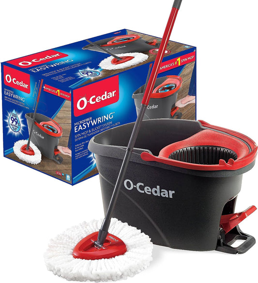 O-Cedar Easywring Microfiber Spin Mop, Bucket Floor Cleaning System, Red, Gray