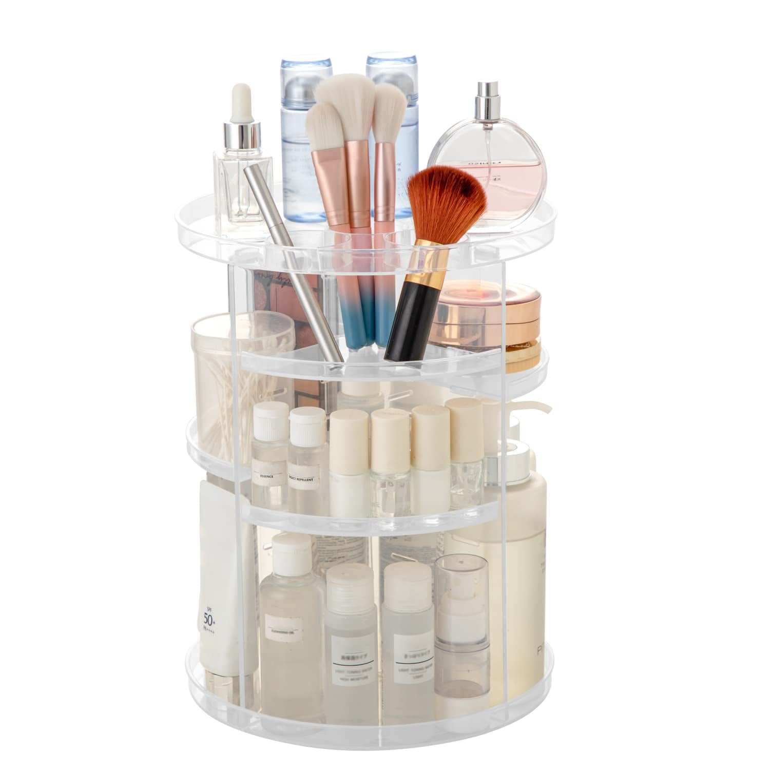Rotating Makeup Organizer, DIY 8 Adjustable Layers Spinning Skincare Organizer, Cosmetic Display Case with Brush Holder Perfume Tray, Multi-Function Storage Carousel for Vanity Bathroom Countertop