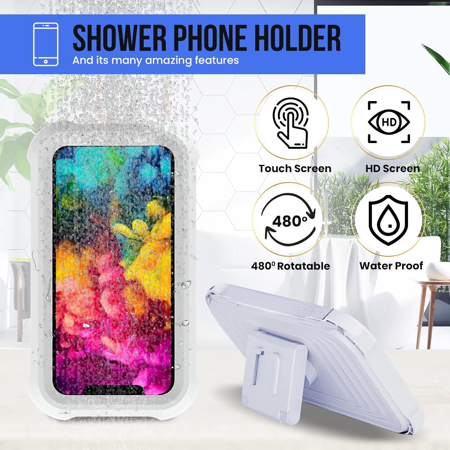 Upgraded 480° Rotating Shower Phone Holder Waterproof Phone Shower Holder Wall Mount Bathroom TV Shower Gadget Shower Accessory Phone Mount Iphone (Pure White)