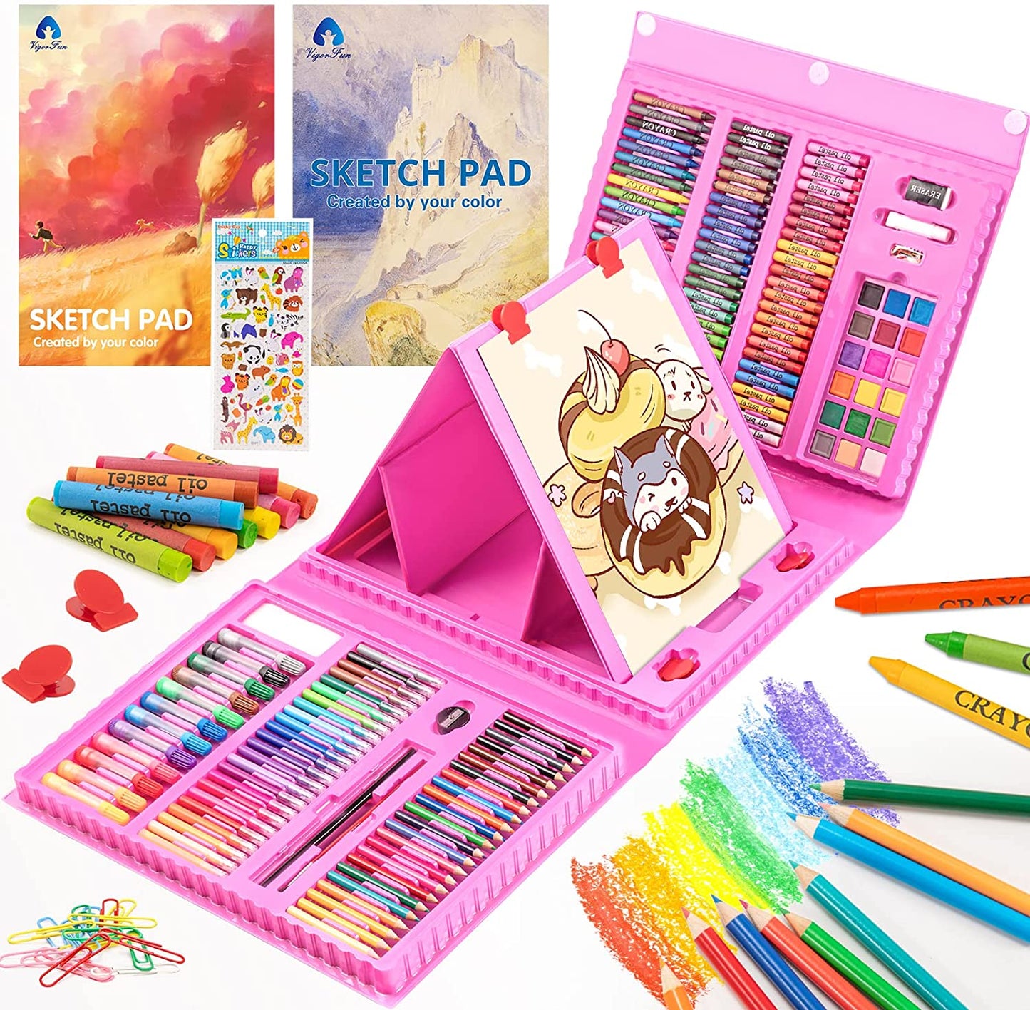 Art Supplies, 240-Piece Drawing Art Kit, Gifts Art Set Case with Double Sided Trifold Easel, Includes Oil Pastels, Crayons, Colored Pencils, Watercolor Cakes, Sketch Pad (Pink)