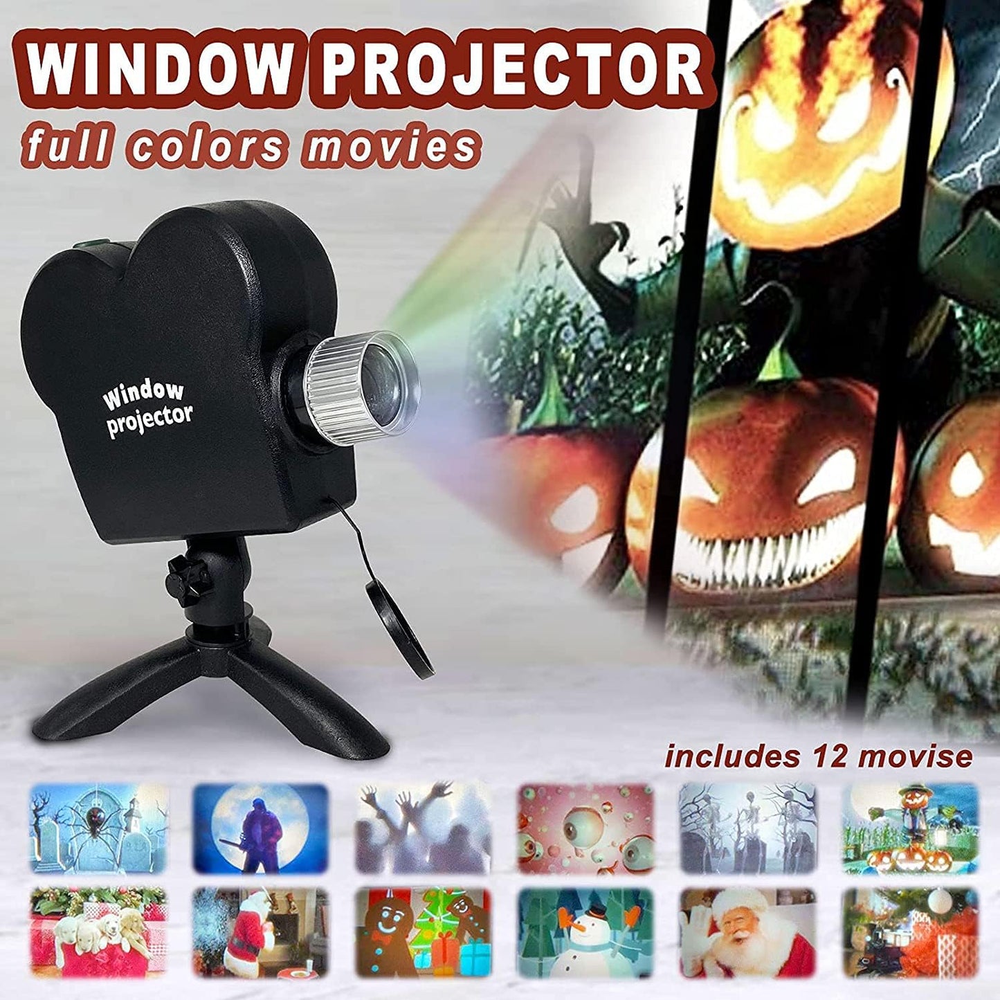 2024 Halloween Holographic Projector,Halloween Hologram Projector Christmas Window Projector Decorations,Lights Outdoor Portable Holographic Projection with Tripod,12 Movies Christmas Halloween