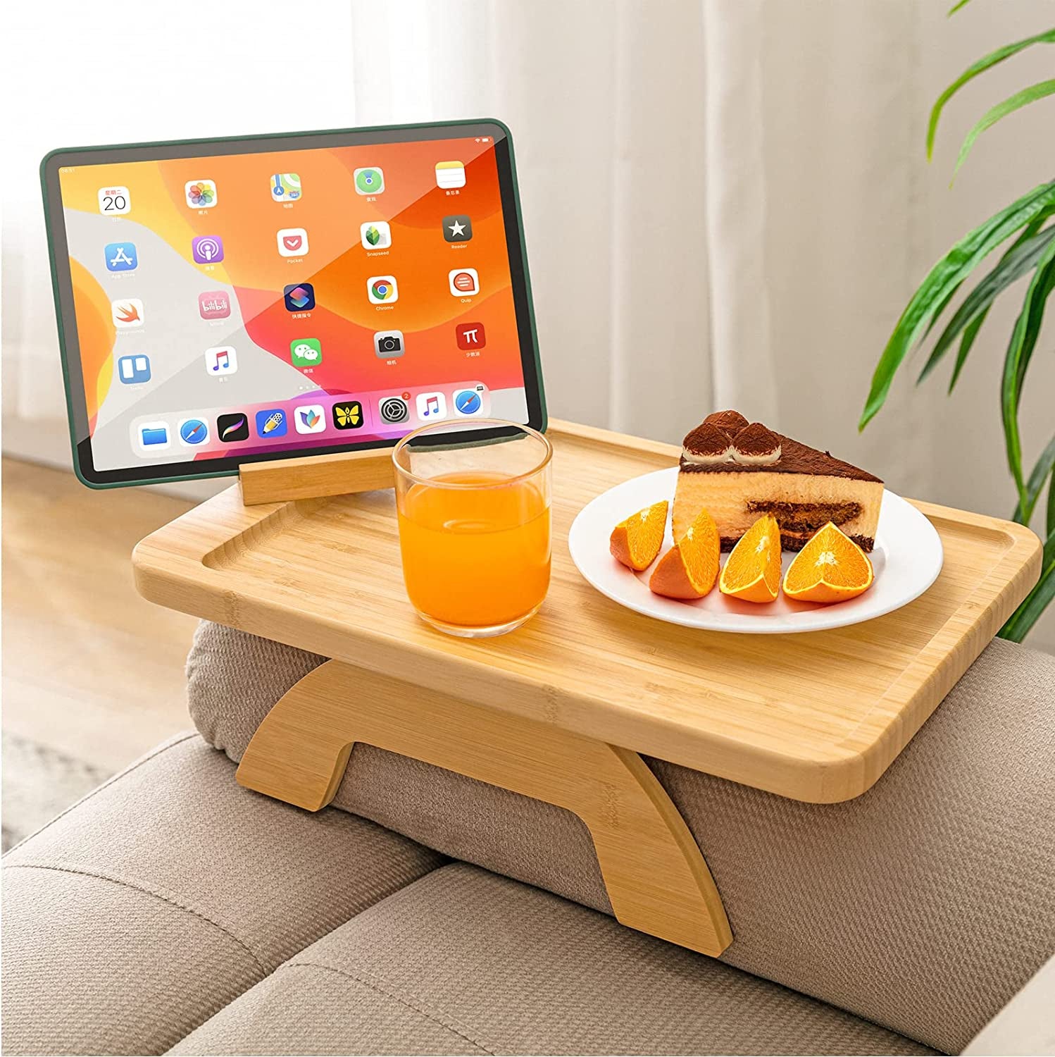 Bamboo Sofa Clip on Side Table for Wide Couches Arm, Foldable Couch Tray with 360° Rotating Phone Holder, Armrest Table for Eating/Drinks/Snacks/Remote/Control