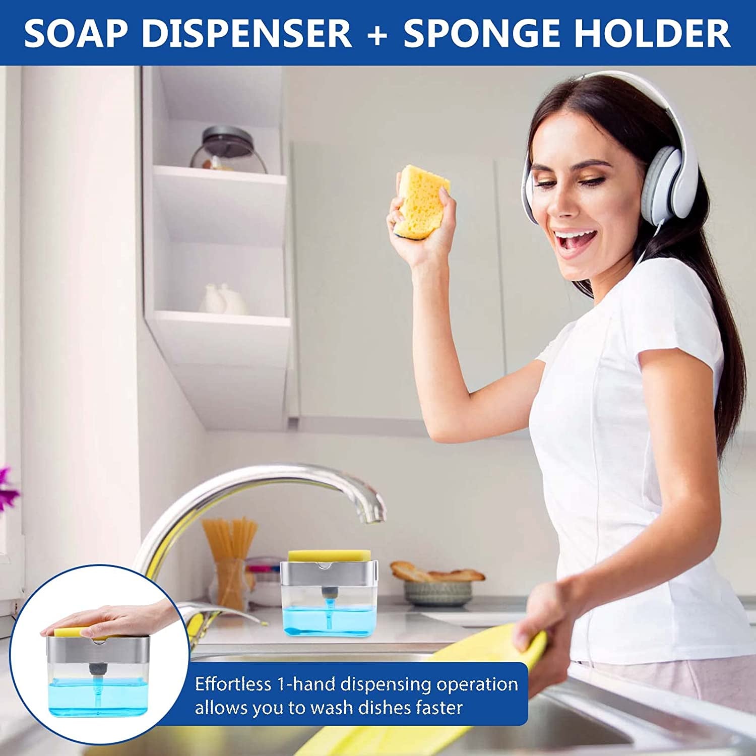 Soap Dispenser,Dish Soap Dispenser for Kitchen,Sponge Holder Sink Dish Washing Soap Dispenser 13 Ounces (Silver)