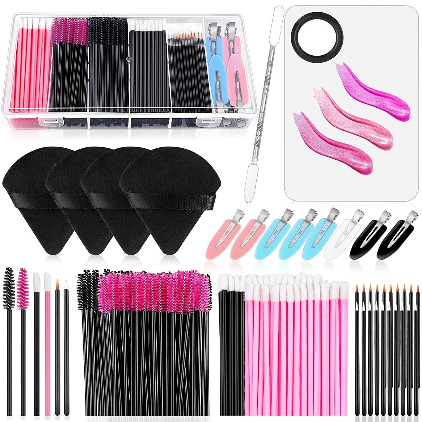 Disposable Makeup Applicators Kit with Triangle Puff Mixing Palette, Artist Supplies Disposable Mascara Wands, Lip Brushes, Hair Clips Powder Puffs for Face with Storage Box
