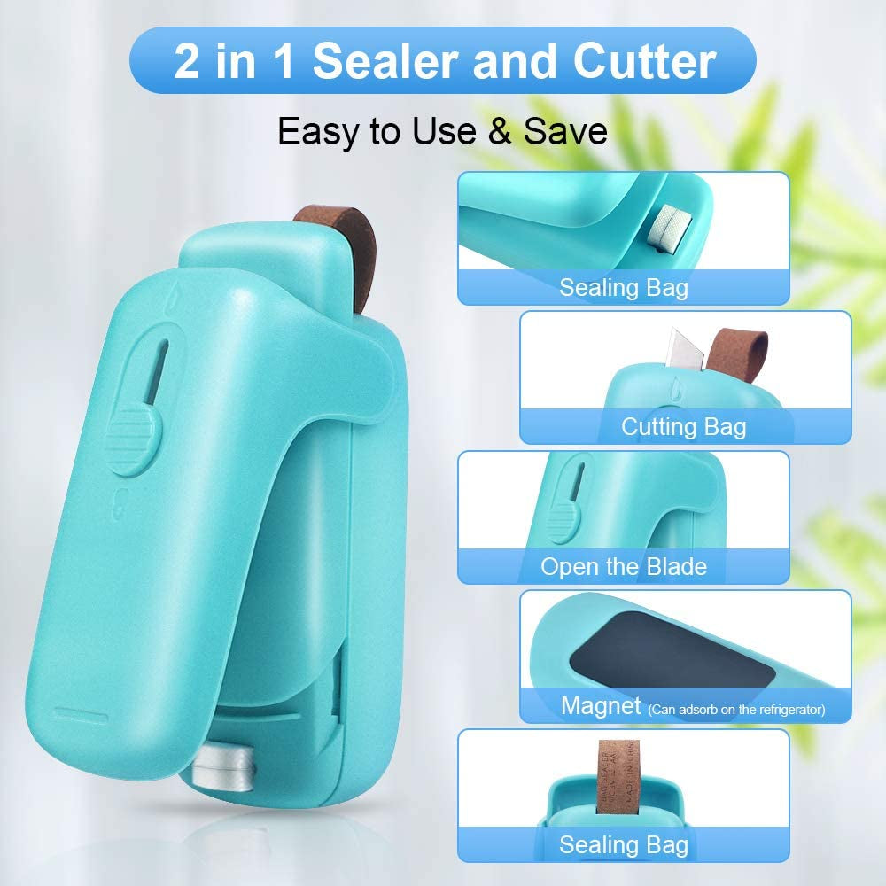 Bag Sealer Mini, Handheld Bag Heat Vacuum Sealer, 2 in 1 Heat Sealer & Cutter Portable Bag Resealer Machine Food Saver for Plastic Bags Storage Snack Cookies Fresh (Battery Included)