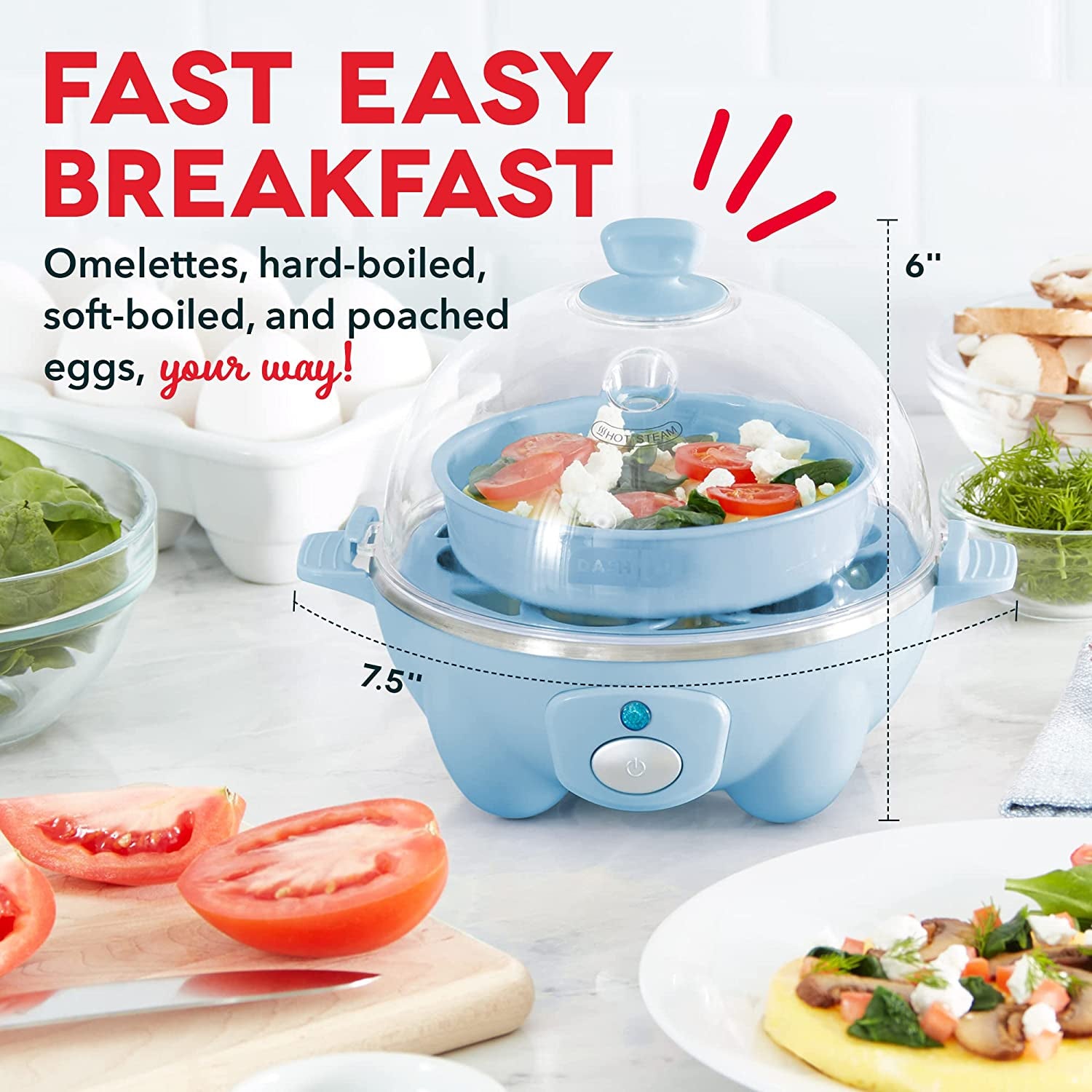 Rapid Egg Cooker: 6 Egg Capacity Electric Egg Cooker for Hard Boiled Eggs, Poached Eggs, Scrambled Eggs, or Omelets with Auto Shut off Feature - Dream Blue