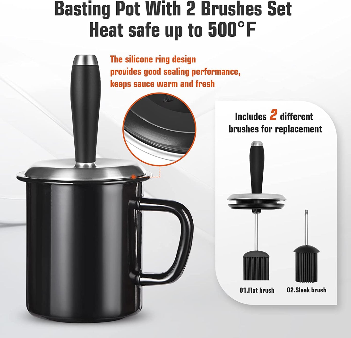 25Oz Basting Pot with 2 Replaceable Basting Brushes Set,Fathers Day Grilling Gifts for Men for Dad，Grill BBQ Gifts Accessories，Premium Enamel Barbecue Sauce Pot
