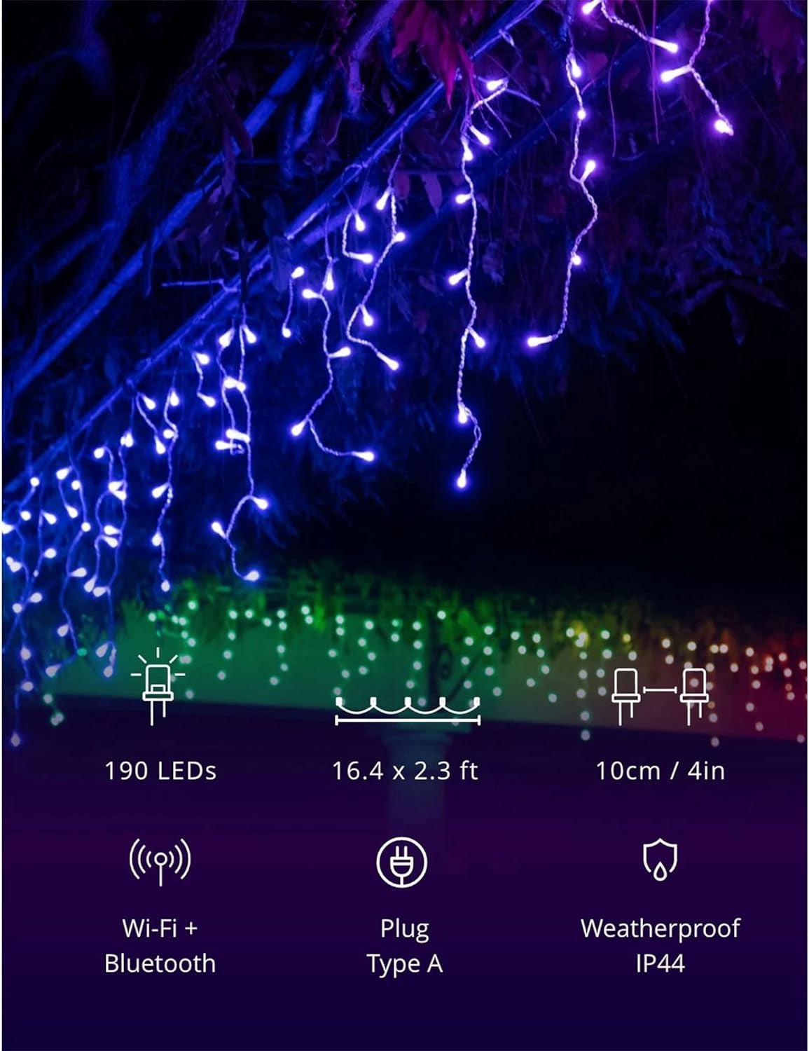 App Controlled Clear Wire LED Christmas Lights with 190 RGB Leds for Multipurpose Indoor and Outdoor Smart Lighting Decoration
