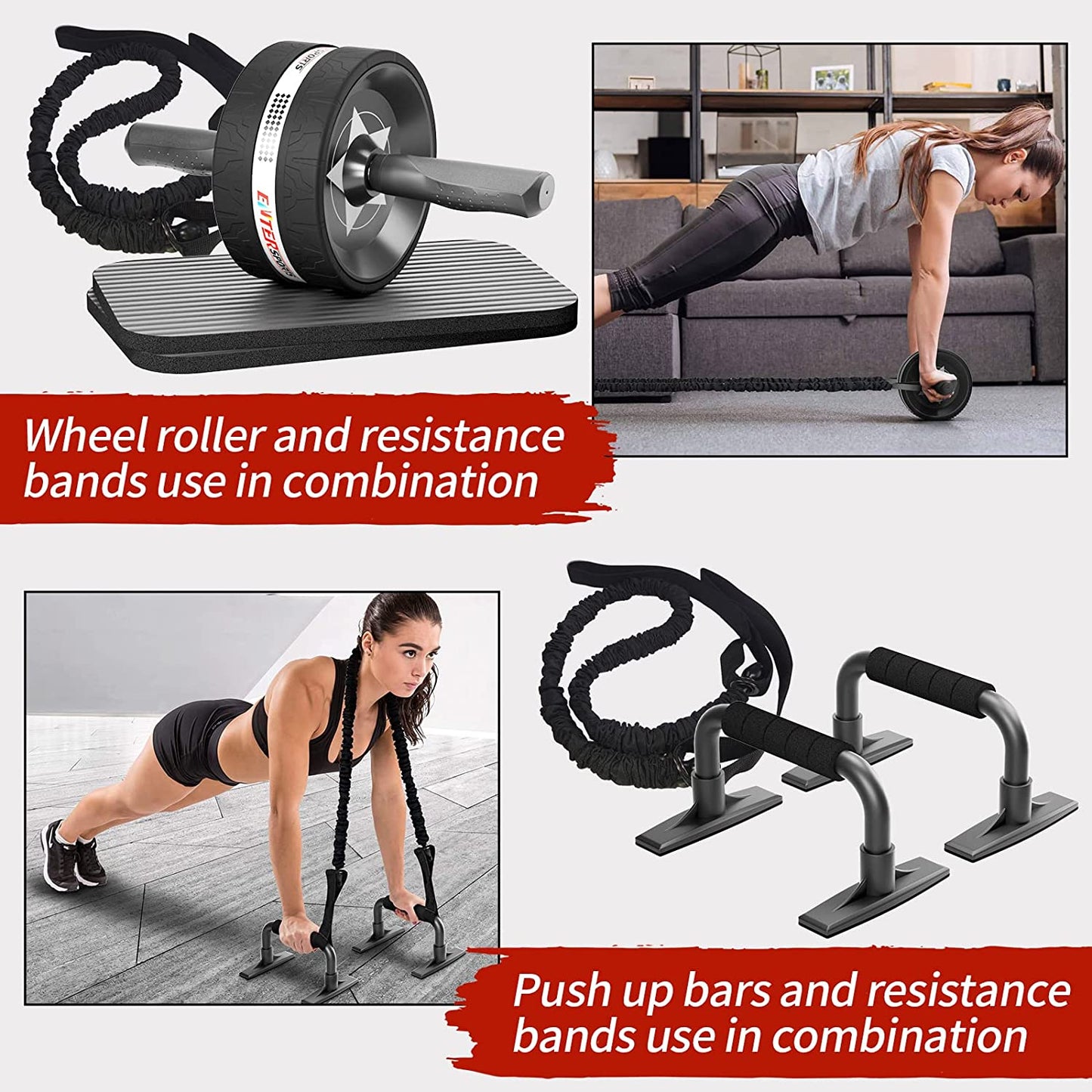 Ab Rollers Wheel Kit, Exercise Wheel Core Strength Training Abdominal Roller Set with Push up Bars, Resistance Bands, Knee Mat Home Gym Fitness Equipment for Abs Workout