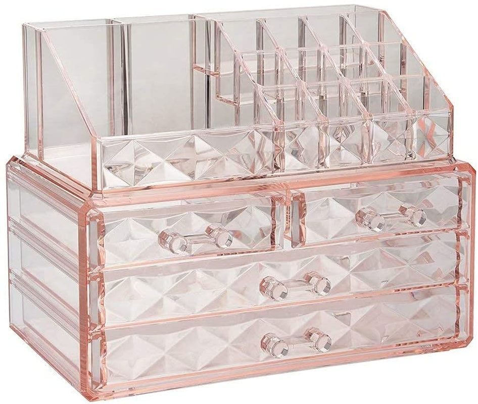 Jewelry and Cosmetic Boxes with Brush Holder - Pink Diamond Pattern Storage Display Cube Including 4 Drawers and 2 Pieces Set