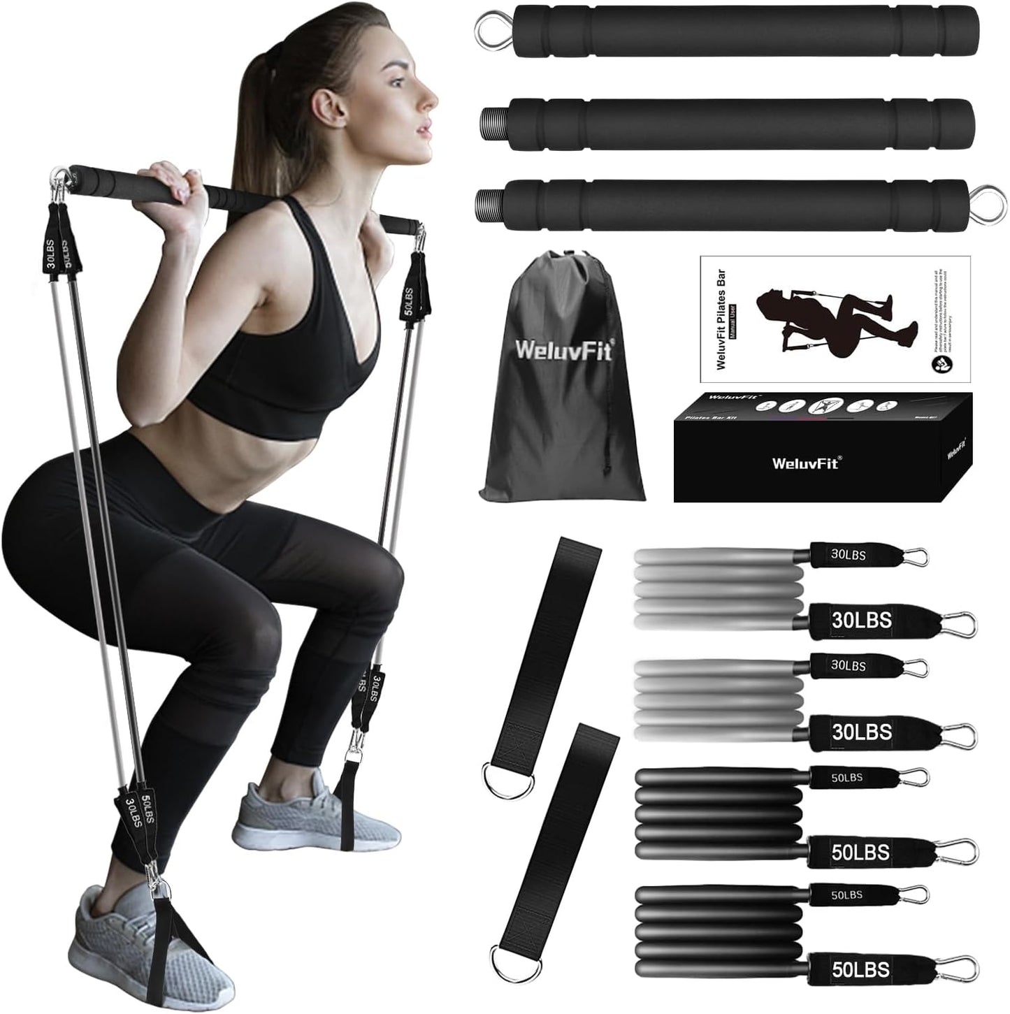 Pilates Bar Kit with Resistance Bands,  Exercise Fitness Equipment for Women & Men, Home Gym Workouts Stainless Steel Stick Squat Yoga Pilates Flexbands Kit for Full Body Shaping