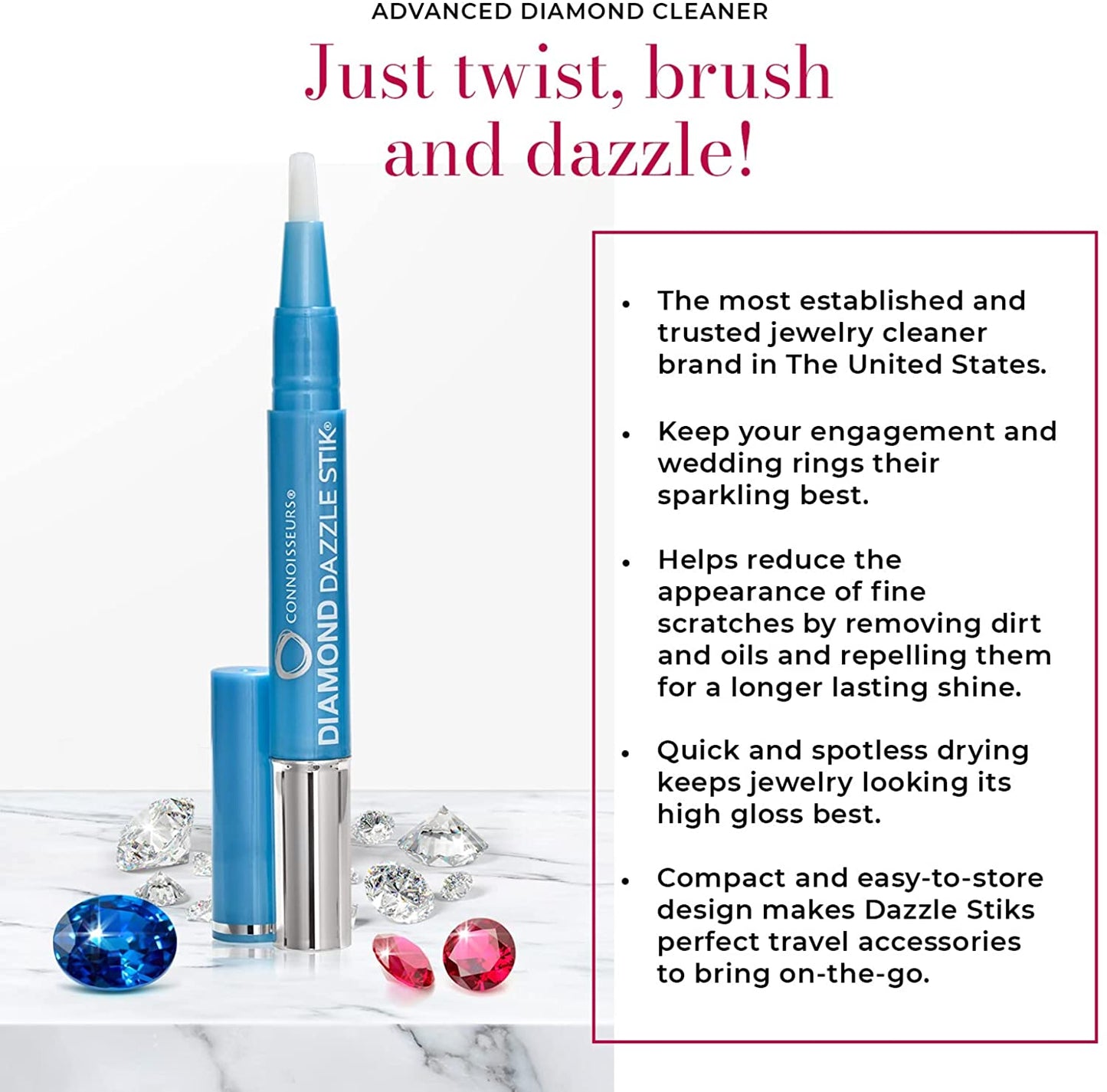 CONNOISSEURS Diamond Dazzle Stik - Portable Diamond Cleaner for Rings and Other Jewelry - Bring Out the Sparkle in Your Precious Stones