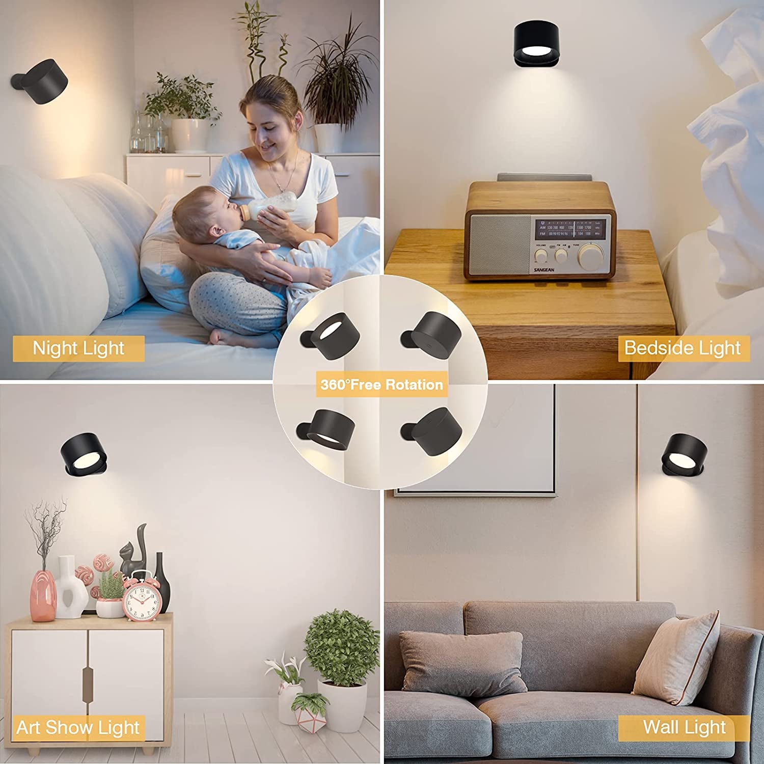 LED Reading Lights, Wall Mounted Sconces with 3 Color Temperatures & 3 Brightness Levels Rechargeable Battery Magnetic Ball 360°Rotation Touch Control, Lamps for Kids Study Bedside Closet