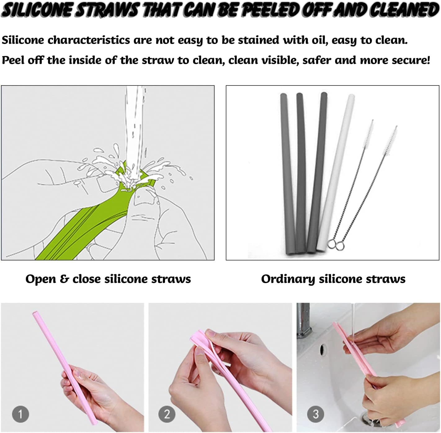 5Pcs Reusable Silicone Straws, Food Grade Openable Drinking Straw, BPA Free Snap Straws,Open for Cleaning, Flexible Straw Hot & Cold Compatible for Home,Party,Travel