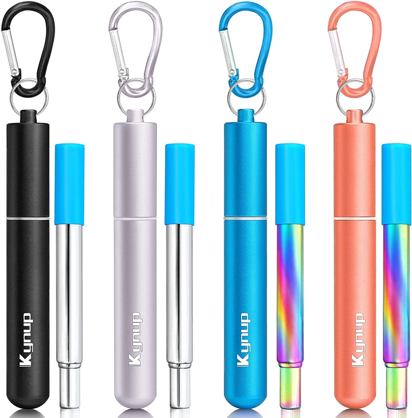 Reusable Straws, 4Pack Collapsible Portable Foldable Metal Straw Stainless Steel Drinking Travel Telescopic Straw with Case, Cleaning Brushes, Keychain Gifts (Blue-Black- Rose Gold-Silver)