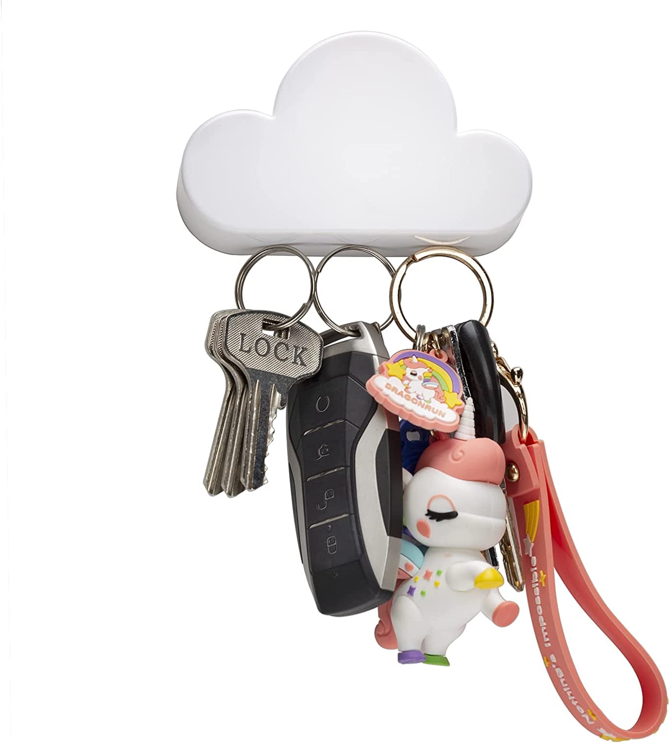 White Cloud Magnetic Key Holder for Wall - Novelty Adhesive Cute Key Hanger Organizer, Easy to Mount - Powerful Magnets Keep Keychains and Loose Keys Securely in Place