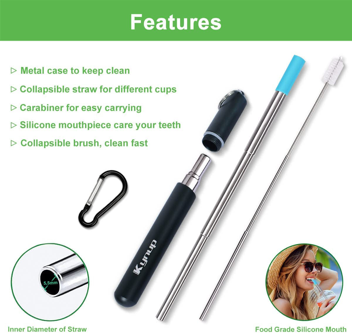 Reusable Straws, 4Pack Collapsible Portable Foldable Metal Straw Stainless Steel Drinking Travel Telescopic Straw with Case, Cleaning Brushes, Keychain Gifts (Blue-Black- Rose Gold-Silver)
