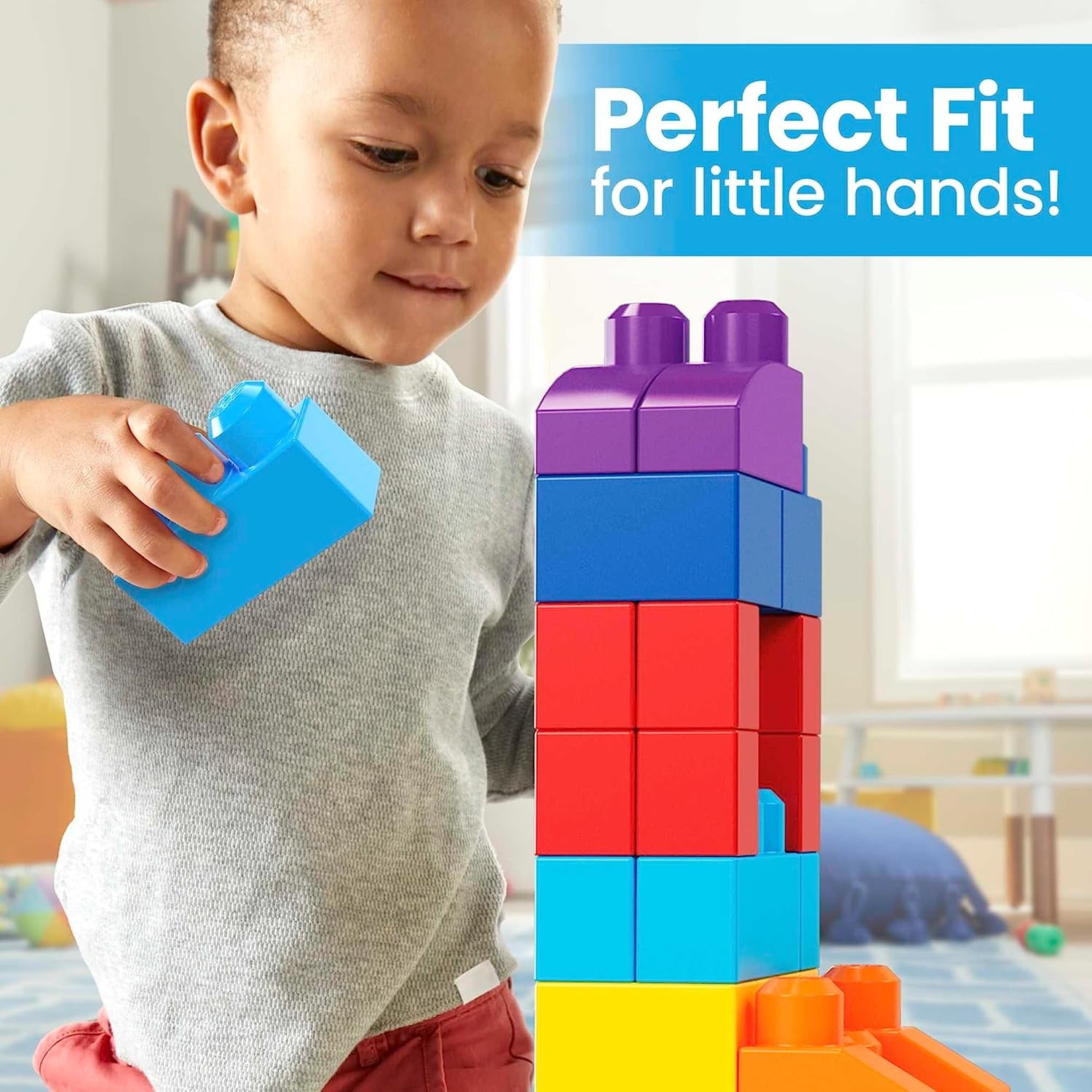 MEGA BLOKS Fisher-Price Toddler Block Toys, Big Building Bag with 80 Pieces and Storage Bag, Blue, Gift Ideas for Kids Age 1+ Years