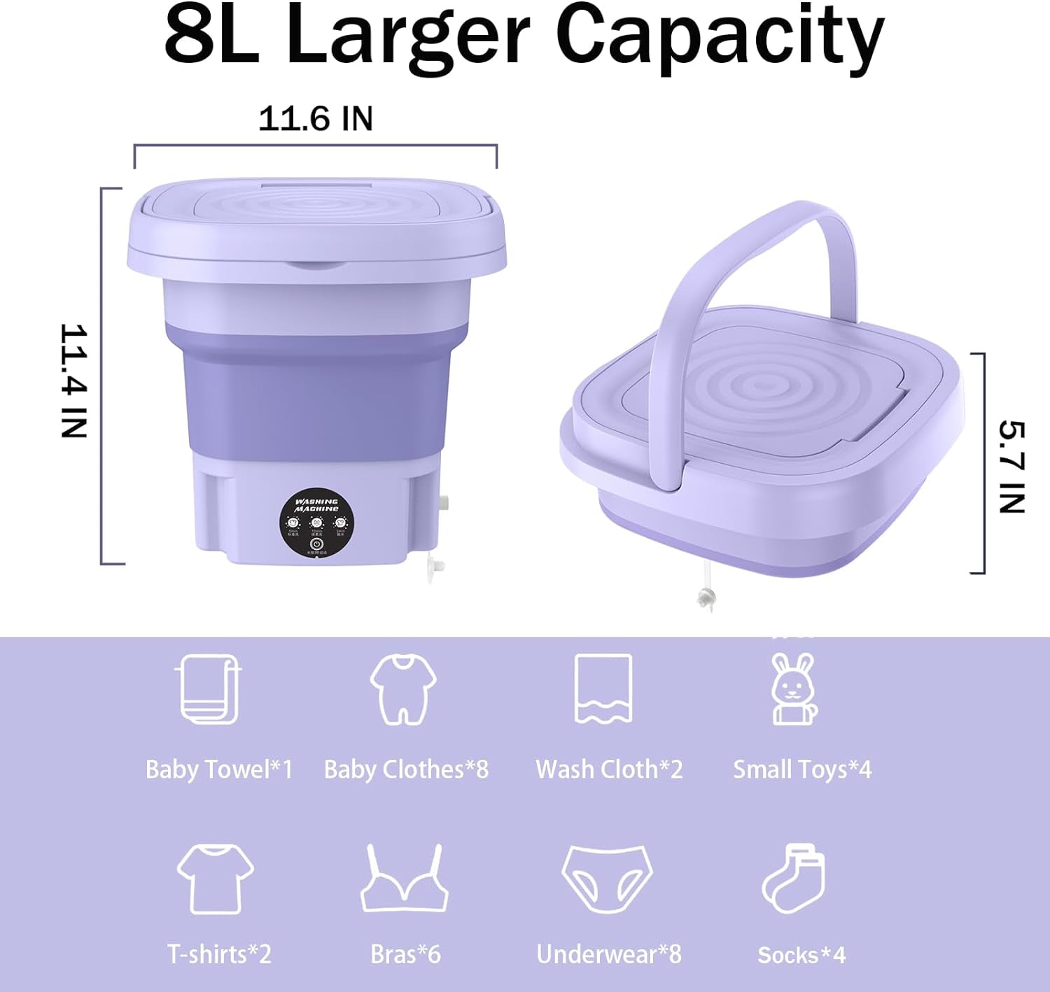 Portable Washing Machine Foldable, Small Washing Machine with 3 Modes Deep Cleaning, Mini Washer for Baby Clothes, Underwear or Small Items, Apartment, Dorm, Camping, RV, Travel, Laundry-Purple