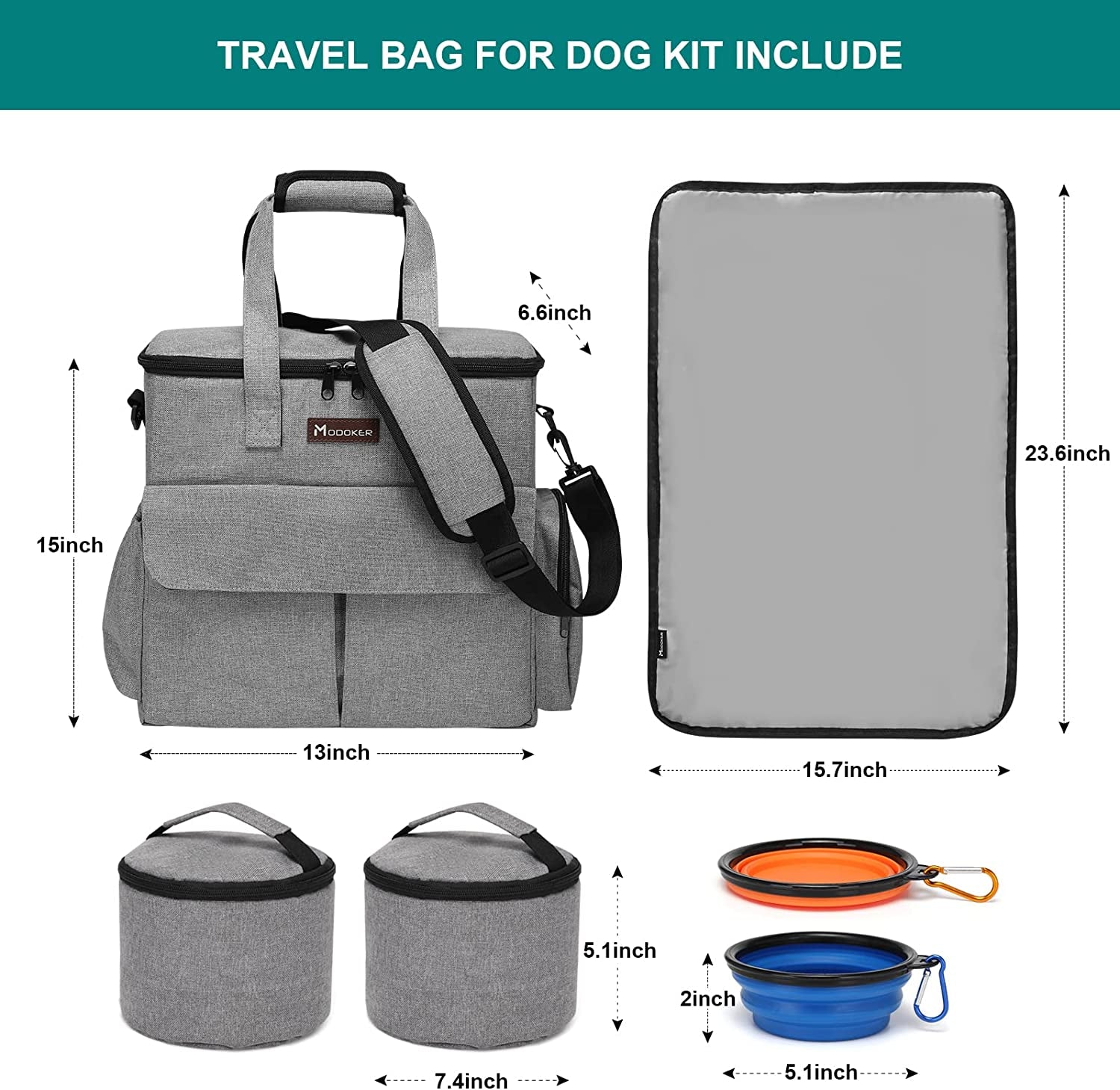 Dog Travel Bag, Weekend Pet Travel Set for Dog and Cat, Airline Approved Tote Organizer with Multi-Function Pockets (Grey)