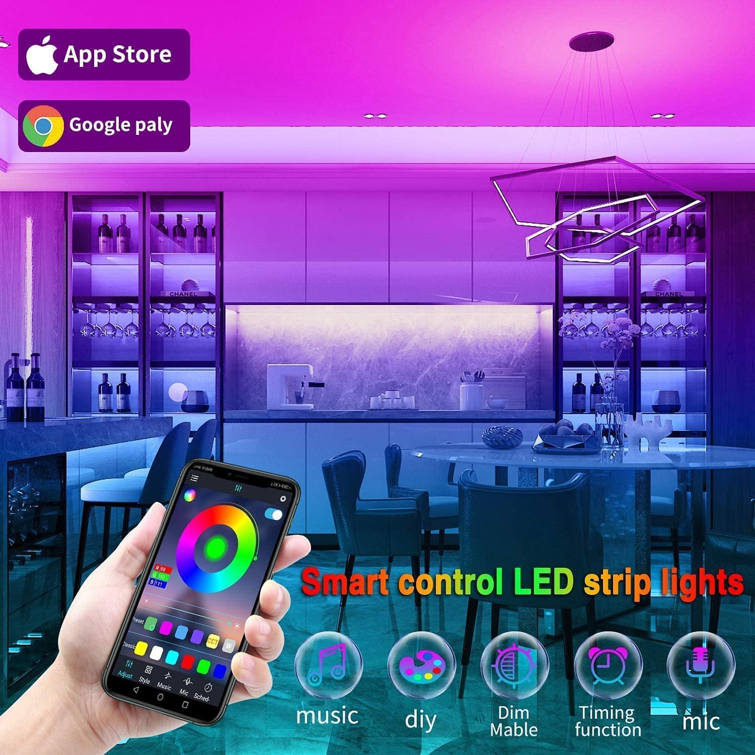 Led Lights for Bedroom 100Ft (2 Rolls of 50Ft) Music Sync Color Changing Strip Lights with Remote and App Control RGB Strip, for Room Home Party Decoration