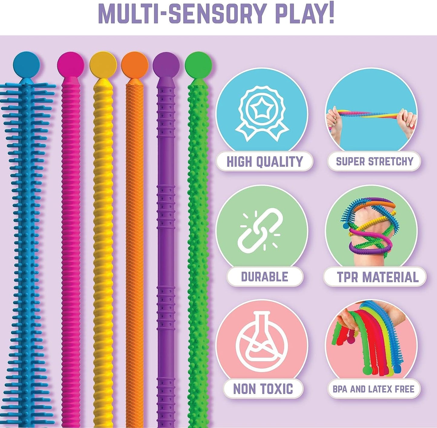Super Sensory Stretchy Strings 6Pk | Calming & Textured Monkey Stretch Noodles | Sensory Toys for Autistic Children | Stress Relief & Anxiety Toys for Kids | Hours of Fun for Kids