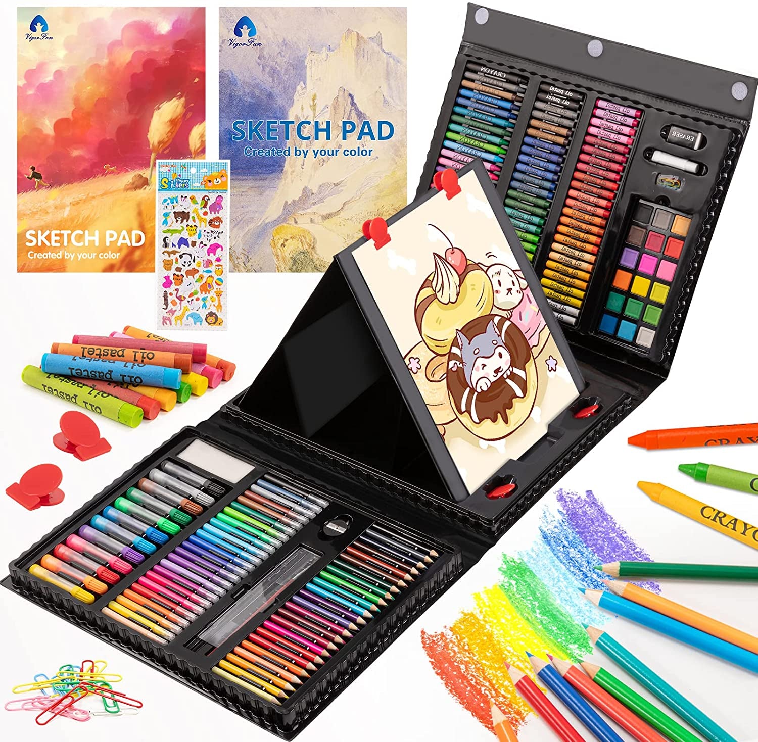 Art Supplies, 240-Piece Drawing Art Kit, Gifts Art Set Case with Double Sided Trifold Easel, Includes Oil Pastels, Crayons, Colored Pencils, Watercolor Cakes, Sketch Pad (Black)