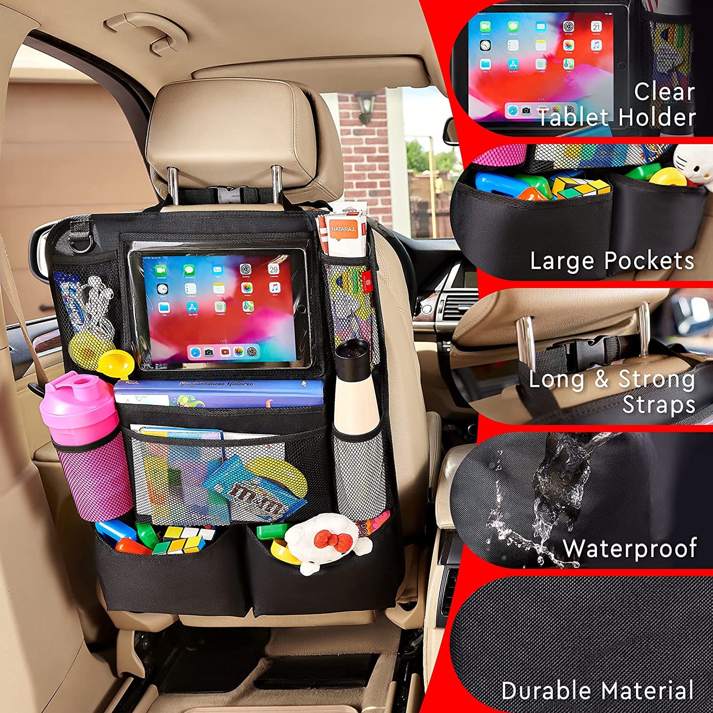 Helteko Backseat Car Organizer, Kick Mats Back Seat Protector with Touch Screen Tablet Holder, Car Back Seat Organizer for Kids, Car Travel Accessories, Kick Mat with 9 Storage Pockets 2 Pack, Black