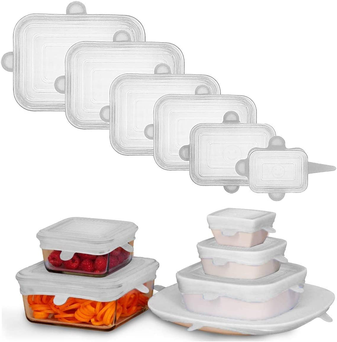 6PCS Rectangle Silicone Lids for Food Storage, Reusable Bpa-Free Silicone Stretch Lids in 6 Different Sizes to Fit Most Square and Rectangle Containers, Microwave Freezer Dishwasher Use Safe