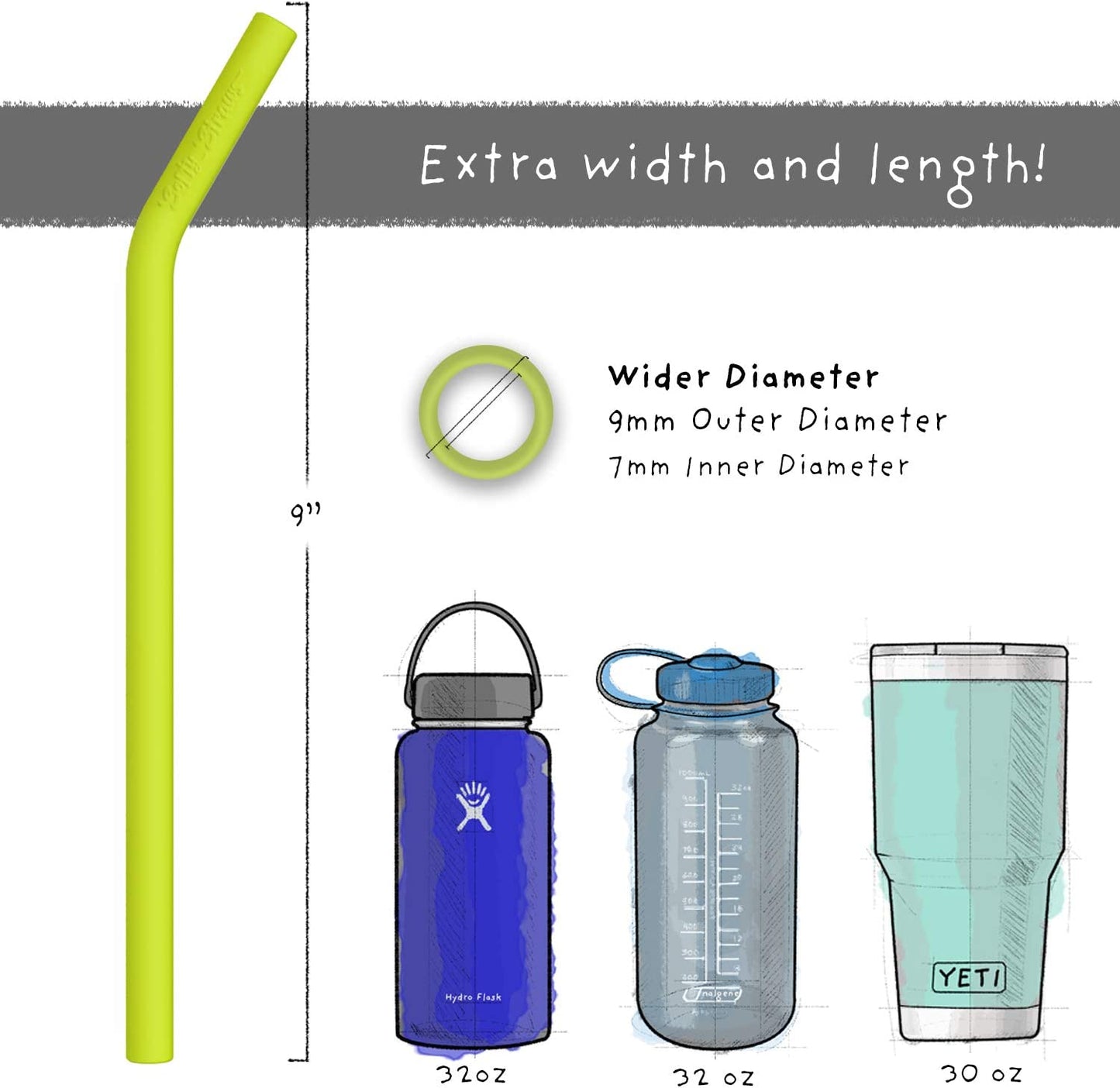 Wide Premium Reusable Silicone Drinking Straws + Patented Straw Squeegee - 9” Long with Curved Bend for 20/30/32Oz Tumblers BPA Free Non Rubber, Flexible, Safe for Kids/Toddlers