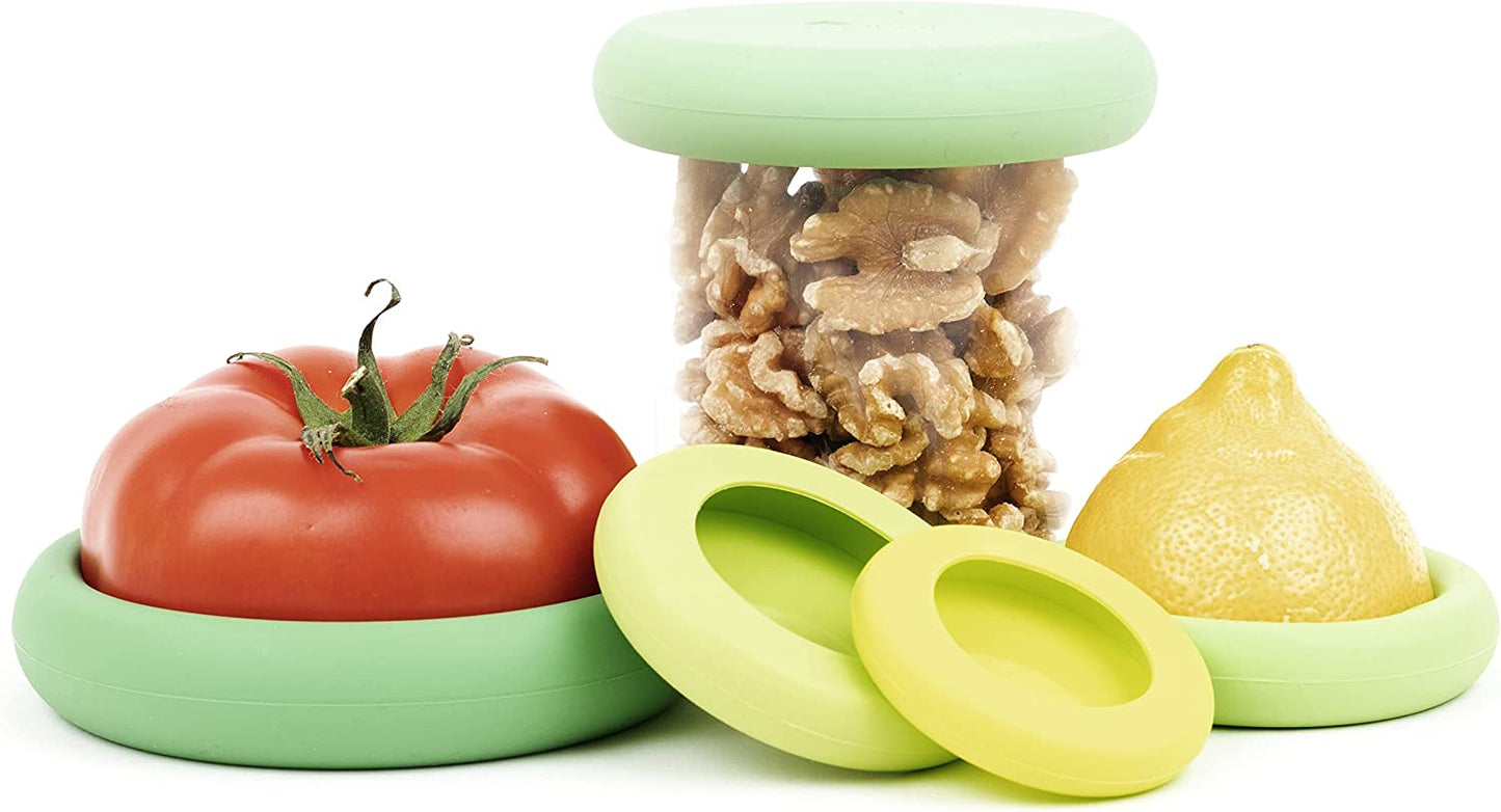 5Pc Reusable Silicone Food Savers | BPA Free & Dishwasher Safe | Fruit & Vegetable Produce Storage for Onion, Tomato, Lemon, Banana, Cans & More | Round, Sage Green
