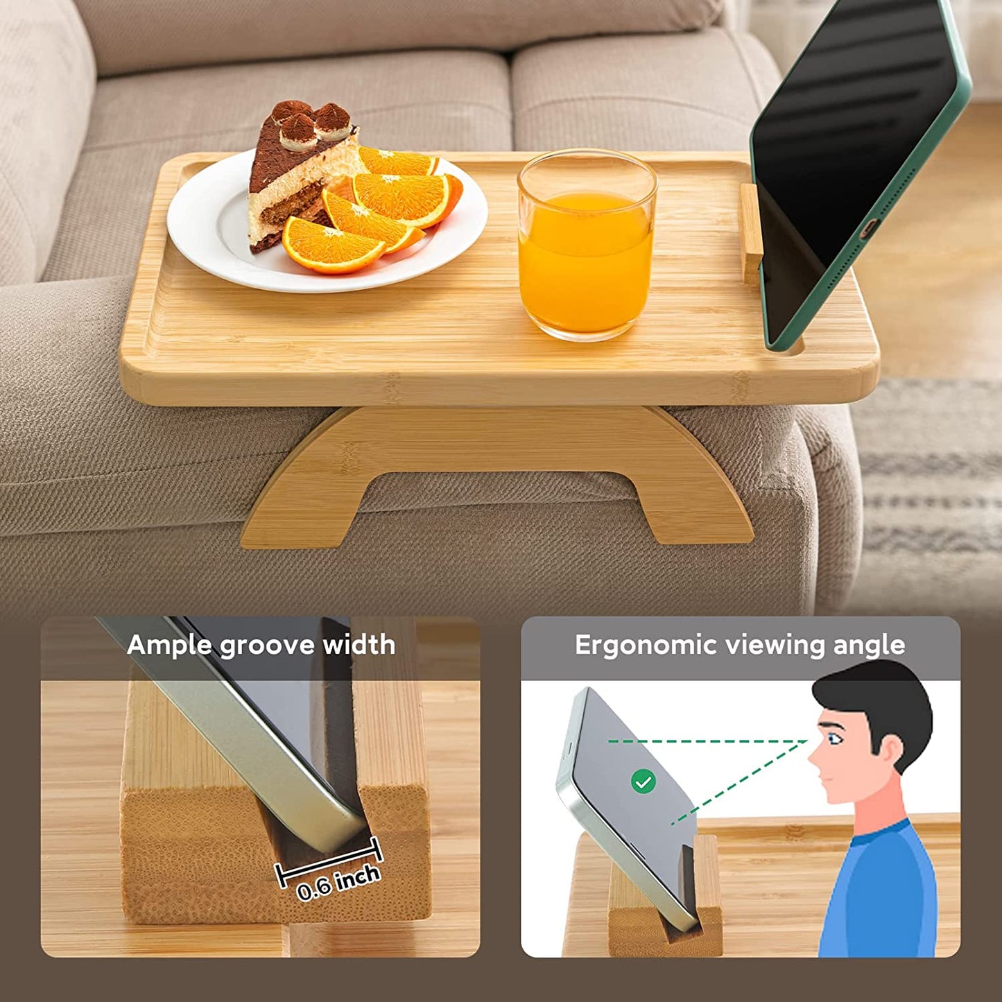 Bamboo Sofa Clip on Side Table for Wide Couches Arm, Foldable Couch Tray with 360° Rotating Phone Holder, Armrest Table for Eating/Drinks/Snacks/Remote/Control