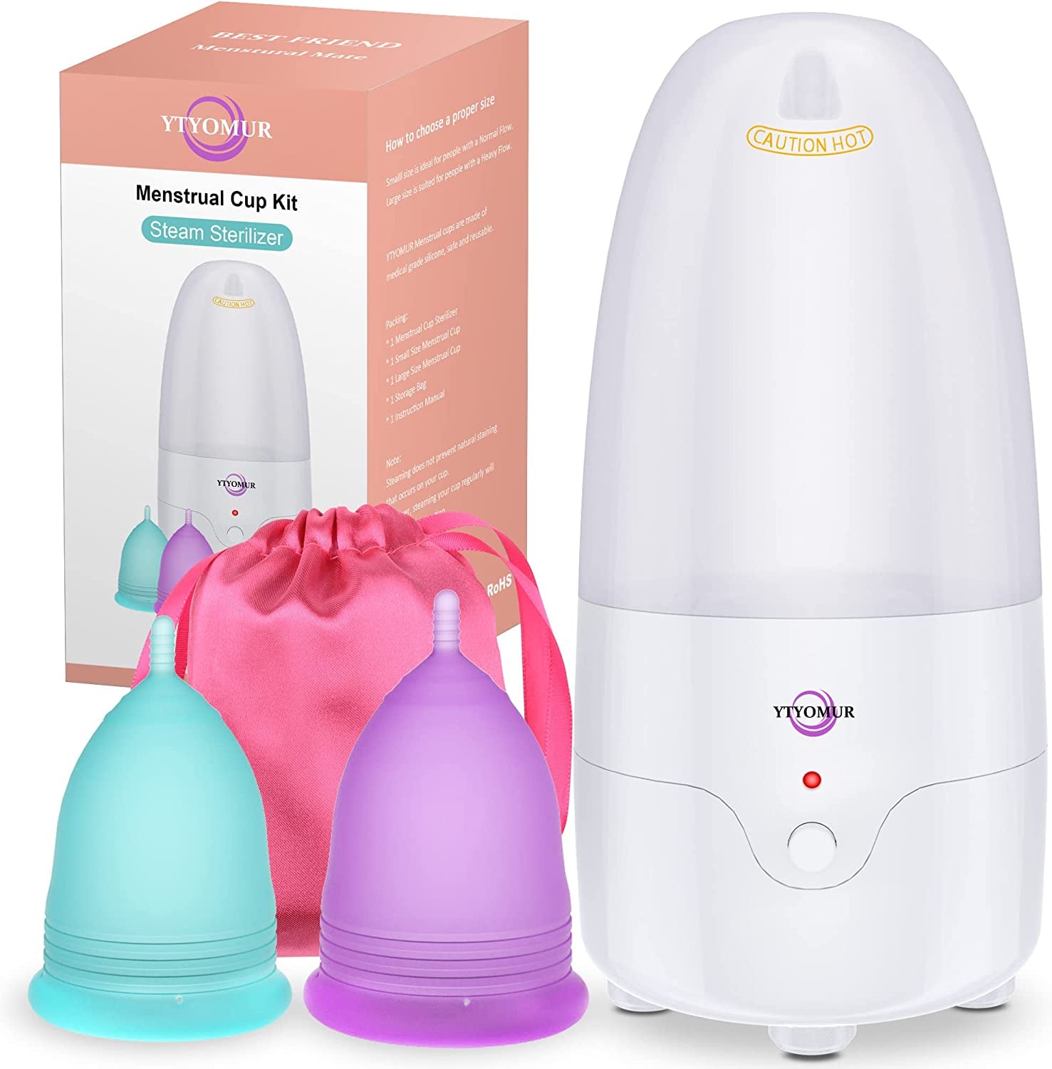 YTYOMUR Menstrual Cup Steamer Sterilizer with 2 Reusable Menstrual Cups, Period Cups Cleaner Wash Kit