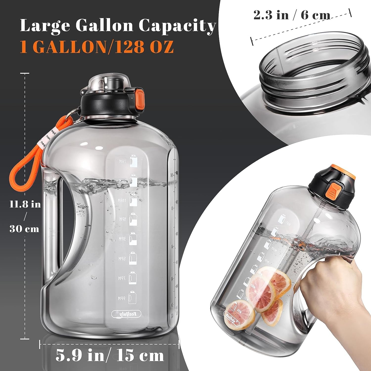 1 Gallon Water Bottle with Straw, 128 Oz Large Water Bottles with Times to Drink, Reusable Leak Proof Water Bottle Jug with Handle, 2 Lids BPA Free Big Sports Bottles for Fitness Gym Camping